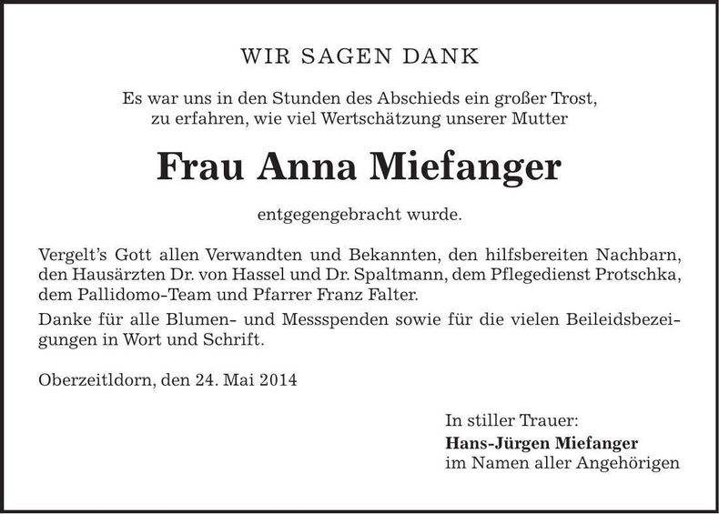 Traueranzeige Anna Miefanger