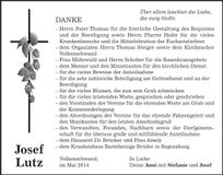 Traueranzeige Josef Lutz