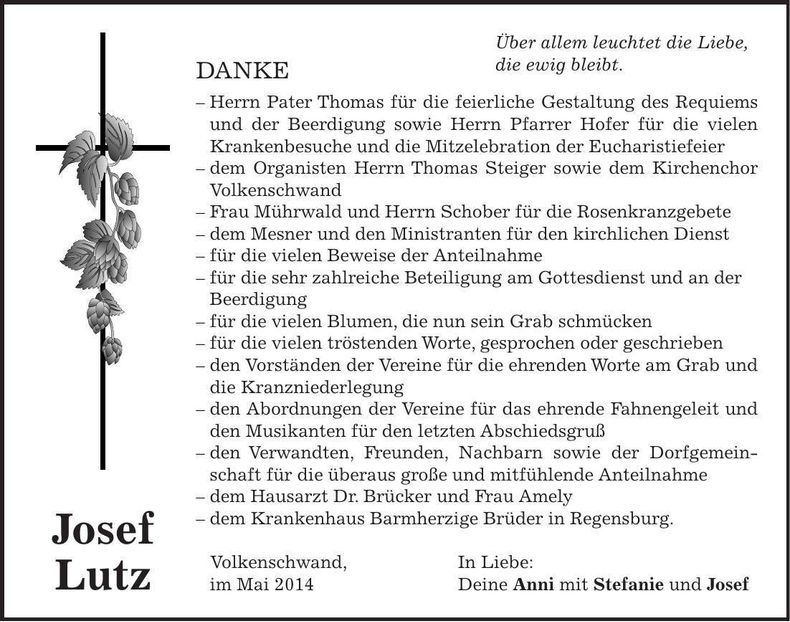 Traueranzeige Josef Lutz