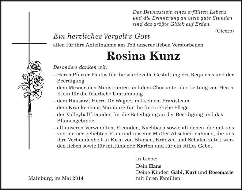 Traueranzeige Rosina Kunz