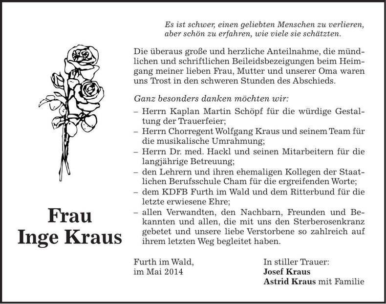 Traueranzeige Inge Kraus