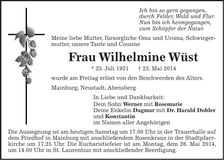 Traueranzeige Wilhelmine Wüst