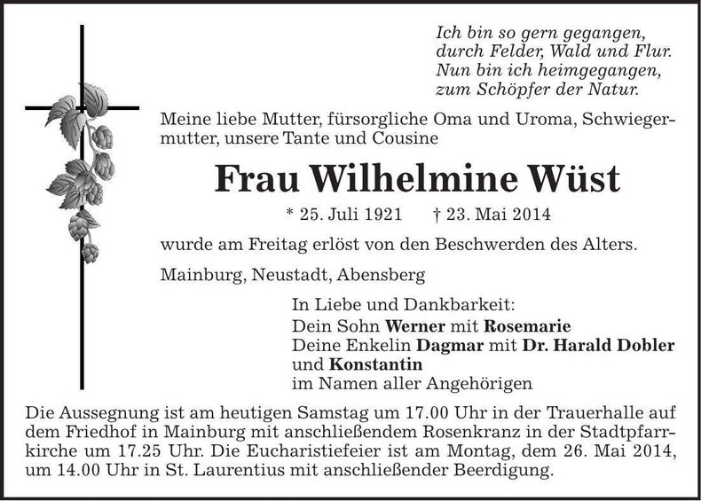 Traueranzeige Wilhelmine Wüst