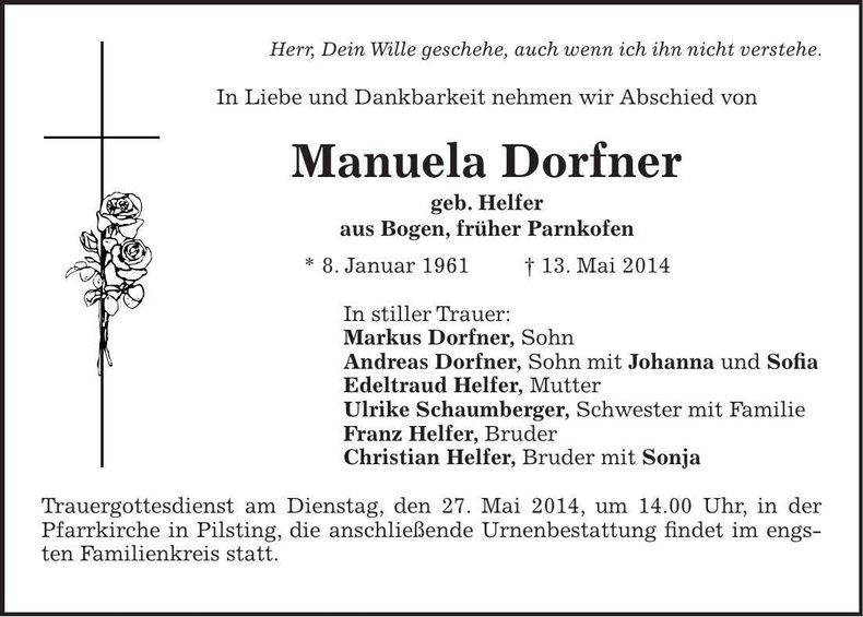 Traueranzeige Manuela Dorfner