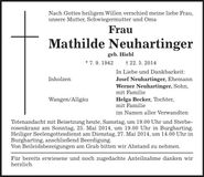 Traueranzeige Mathilde Neuhartinger