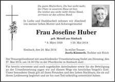 Traueranzeige Josefine Huber