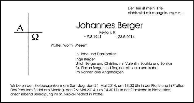 Traueranzeige Johannes Berger