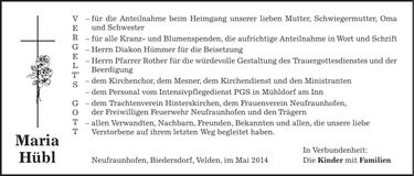 Traueranzeige Maria Hübl