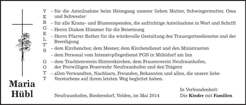 Traueranzeige Maria Hübl