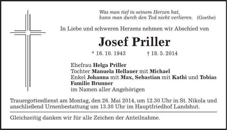 Traueranzeige Josef Priller