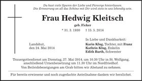 Traueranzeige Hedwig Kleitsch