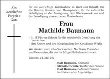 Traueranzeige Mathilde Baumann