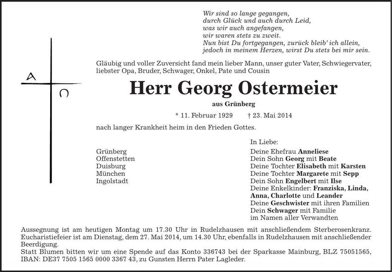 Traueranzeige Georg Ostermeier