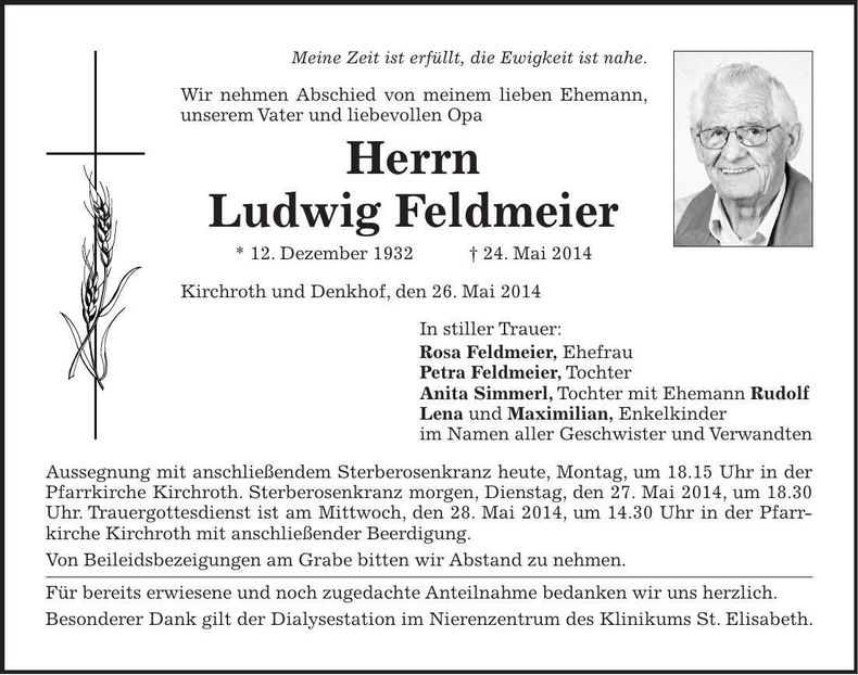 Traueranzeige Ludwig Feldmeier