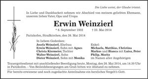 Traueranzeige Erwin Weinzierl