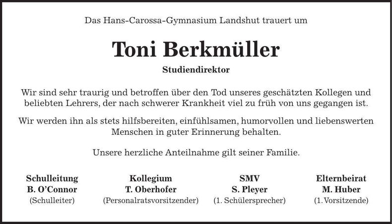 Traueranzeige Toni Berkmüller
