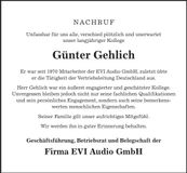 Traueranzeige Günter Gehlich