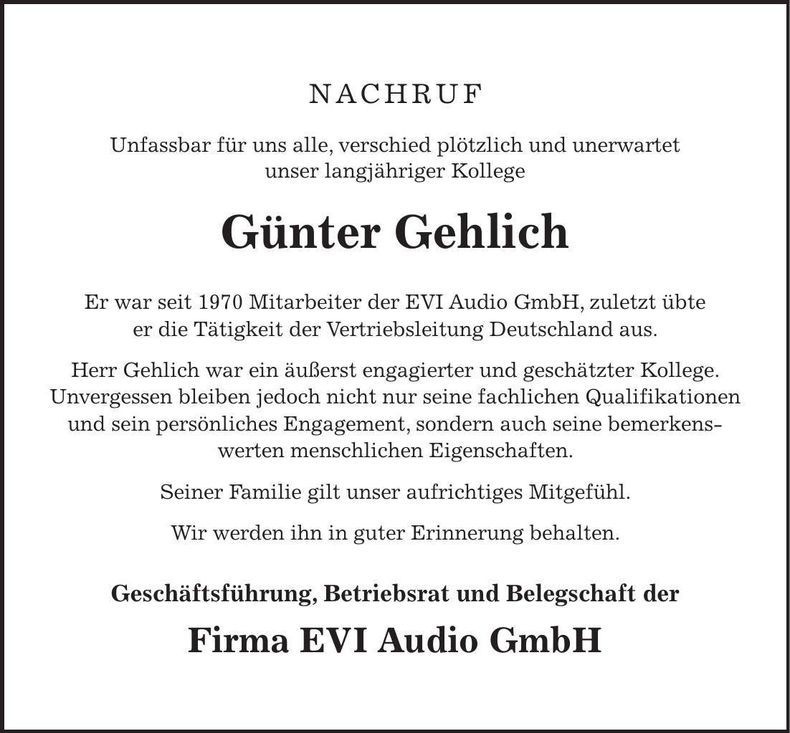 Traueranzeige Günter Gehlich