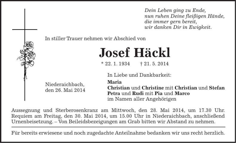 Traueranzeige Josef Häckl