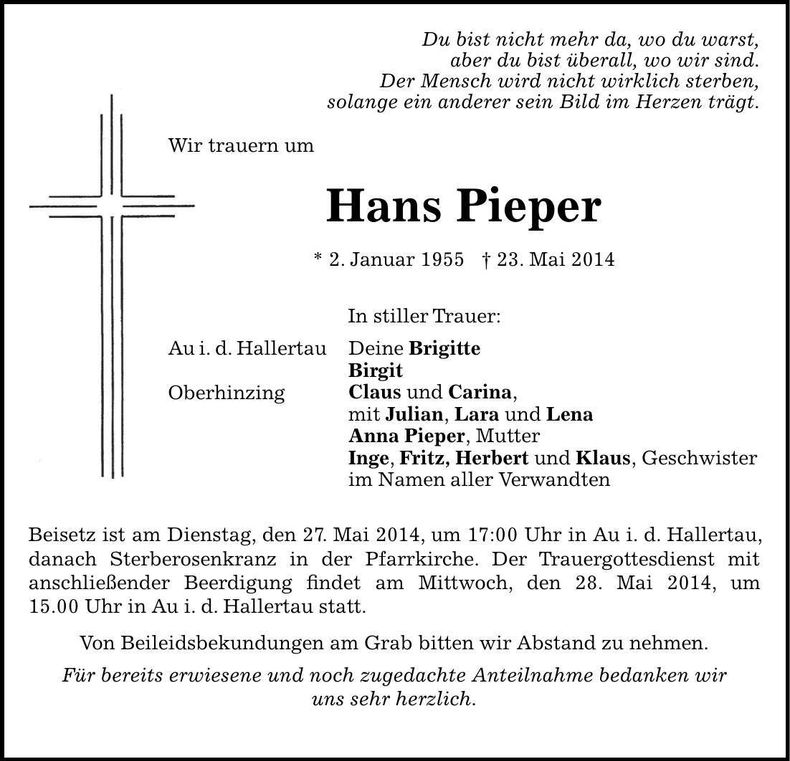 Traueranzeige Hans Pieper