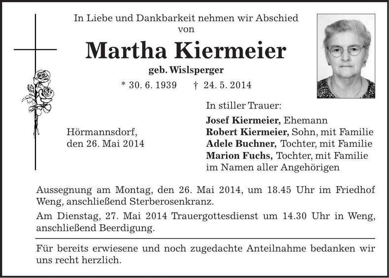 Traueranzeige Martha Kiermeier