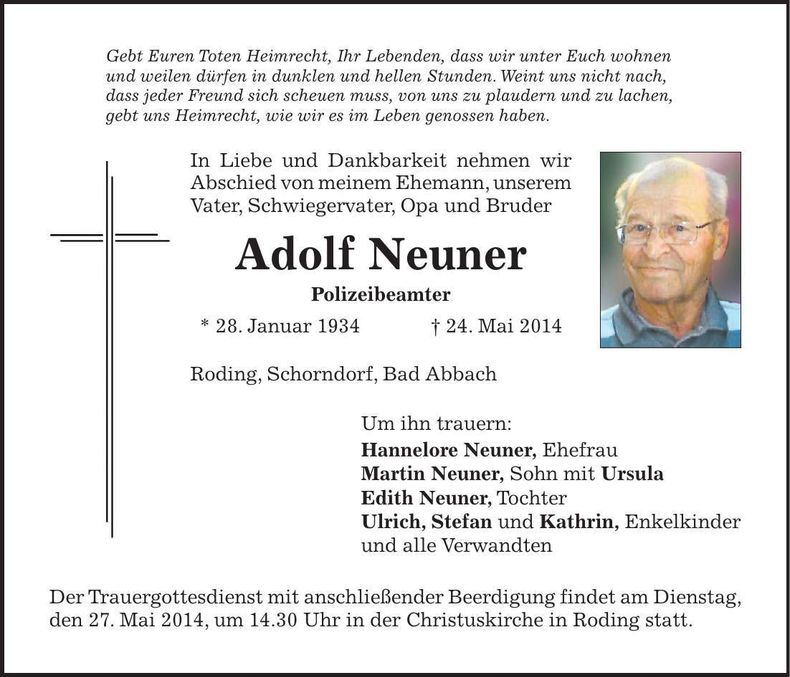 Traueranzeige Adolf Neuner
