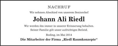 Traueranzeige Johann Riedl