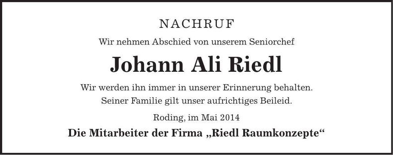 Traueranzeige Johann Riedl