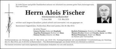 Traueranzeige Alois Fischer