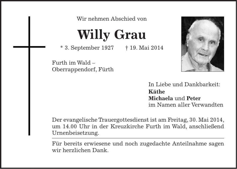 Traueranzeige Willy Grau