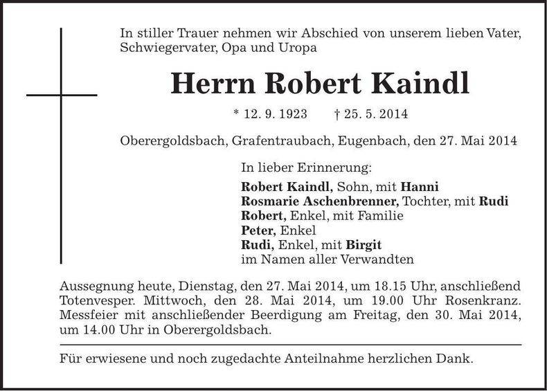Traueranzeige Robert Kaindl