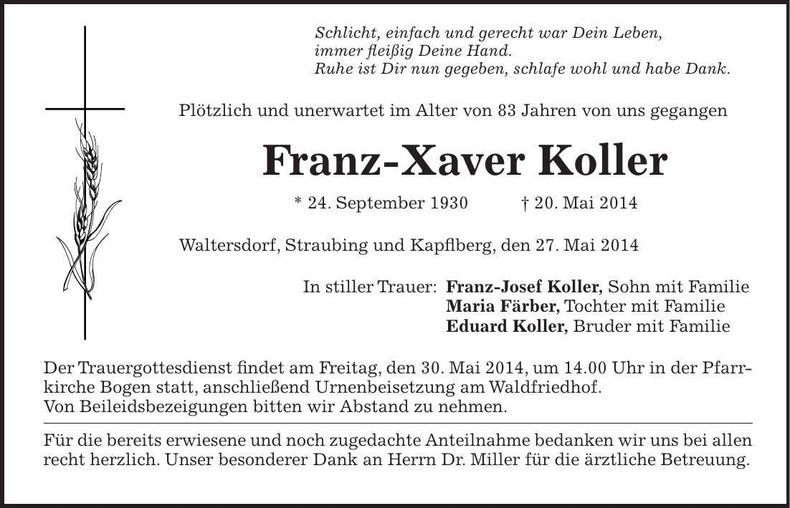 Traueranzeige Franz-Xaver Koller