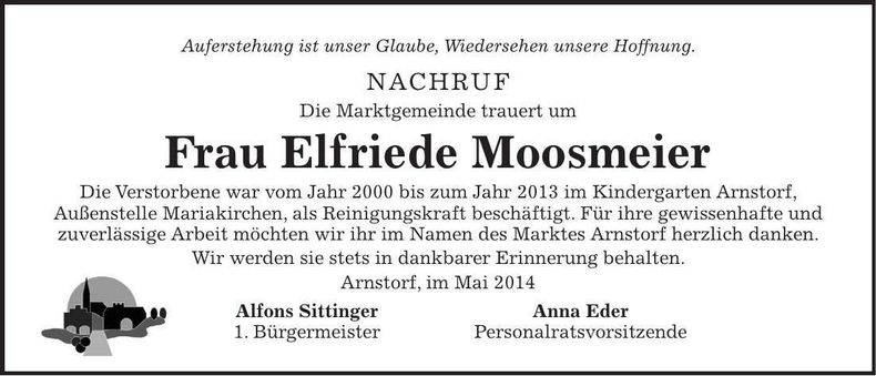 Traueranzeige Elfriede Moosmeier