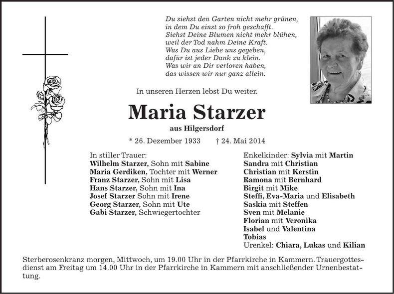 Traueranzeige Maria Starzer