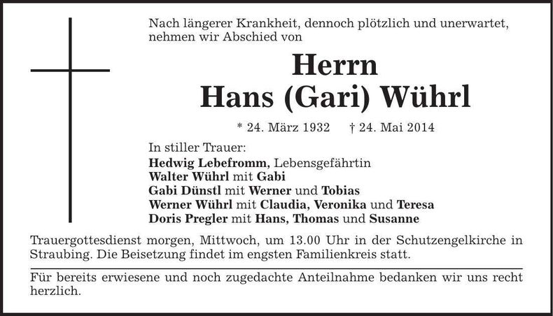 Traueranzeige Hans (Gari) Wührl