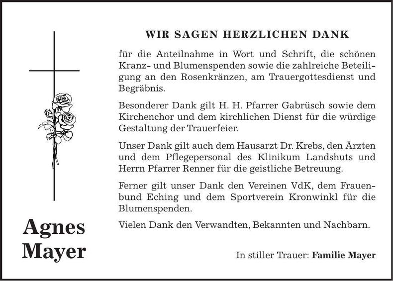 Traueranzeige Agnes Mayer