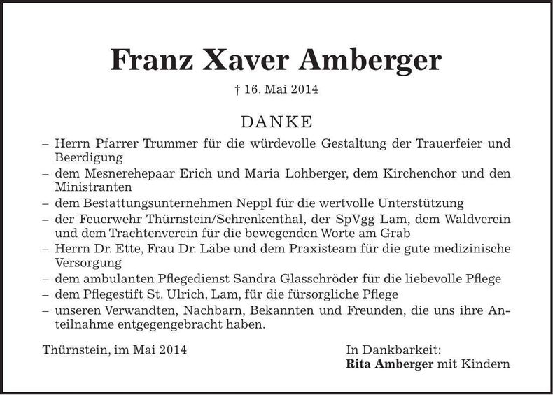 Traueranzeige Franz Xaver Amberger
