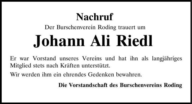 Traueranzeige Johann Ali Riedl