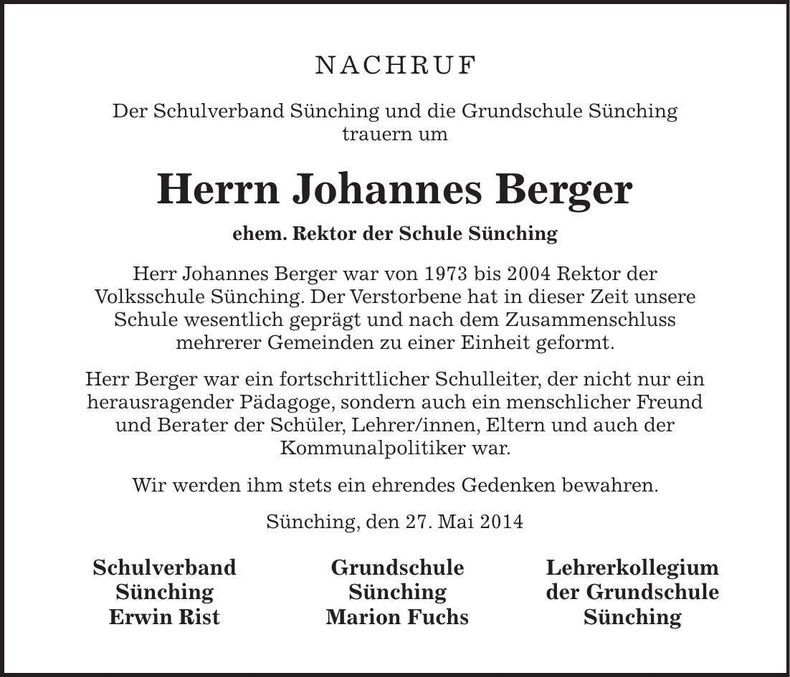 Traueranzeige Johannes Berger