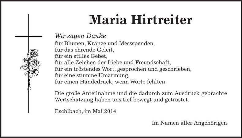 Traueranzeige Maria Hirtreiter