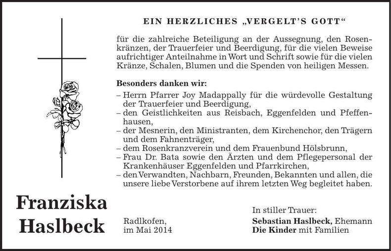 Traueranzeige Franziska Haslbeck