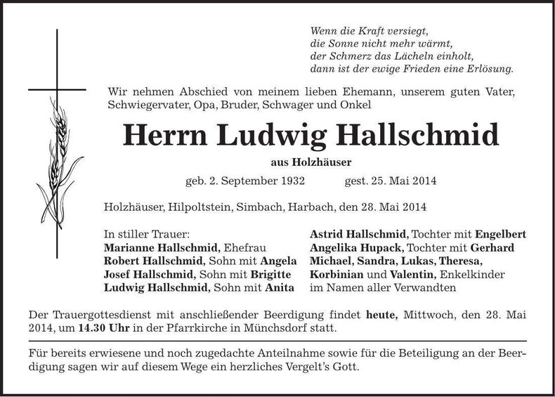 Traueranzeige Ludwig Hallschmid
