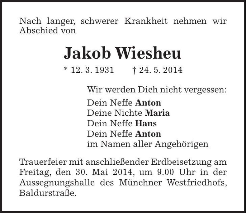 Traueranzeige Jakob Wiesheu