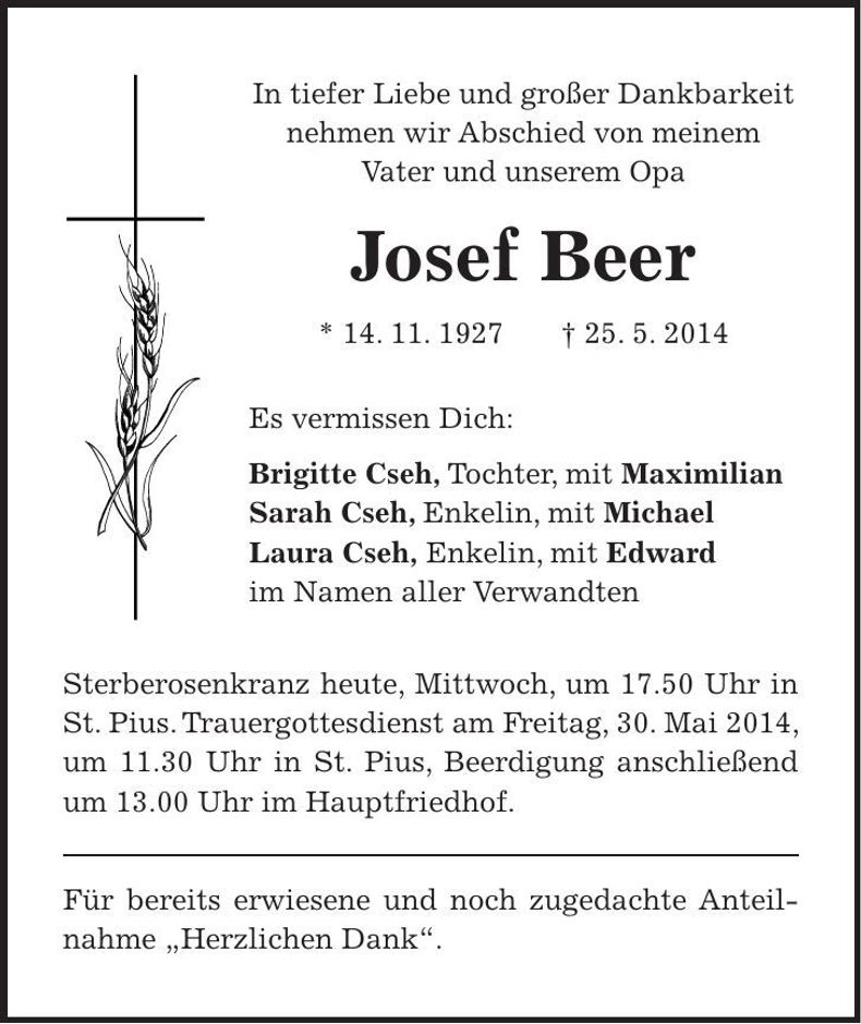 Traueranzeige Josef Beer