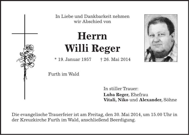 Traueranzeige Willi Reger