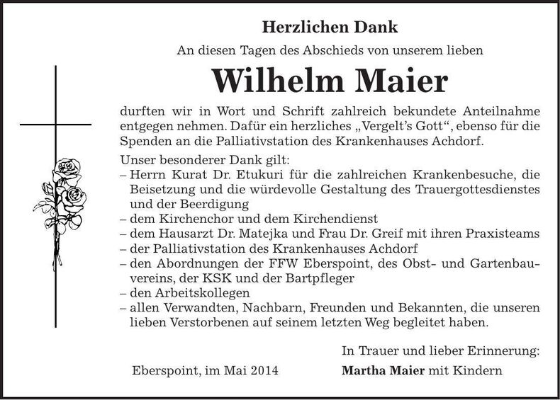 Traueranzeige Wilhelm Maier
