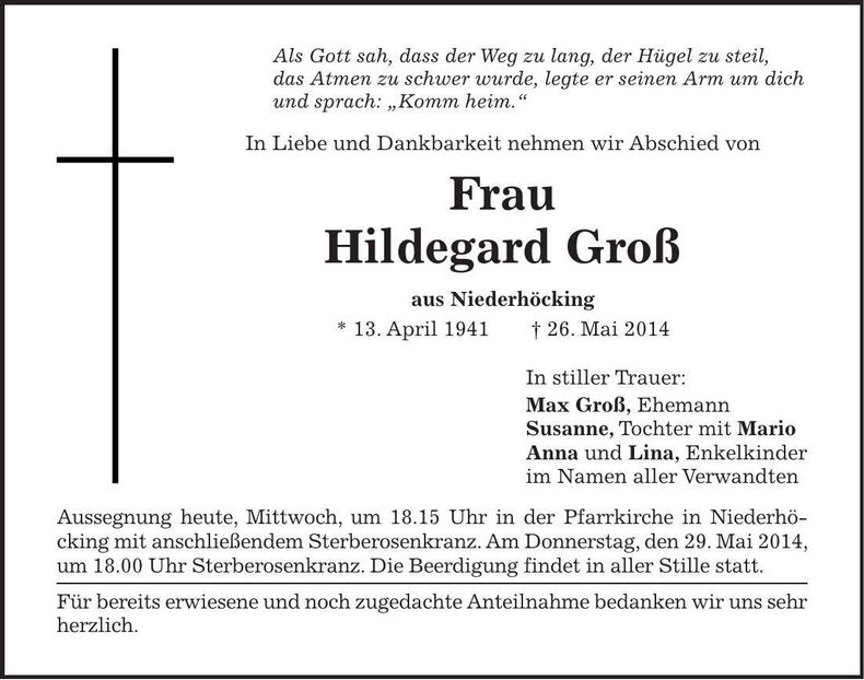 Traueranzeige Hildegard Groß