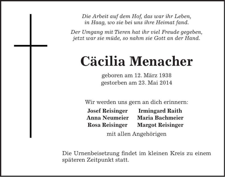 Traueranzeige Cäcilia Menacher