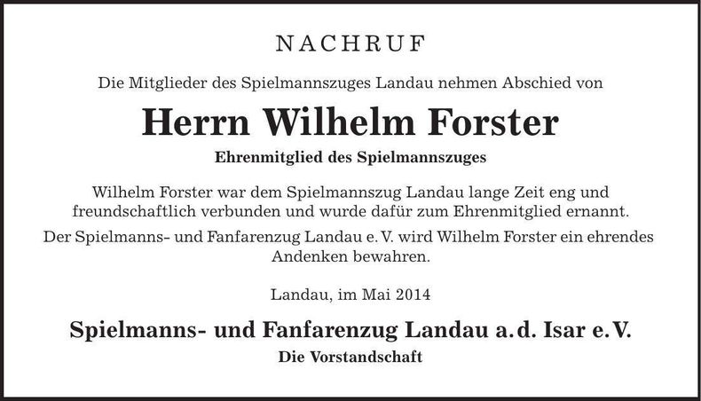 Traueranzeige Wilhelm Forster