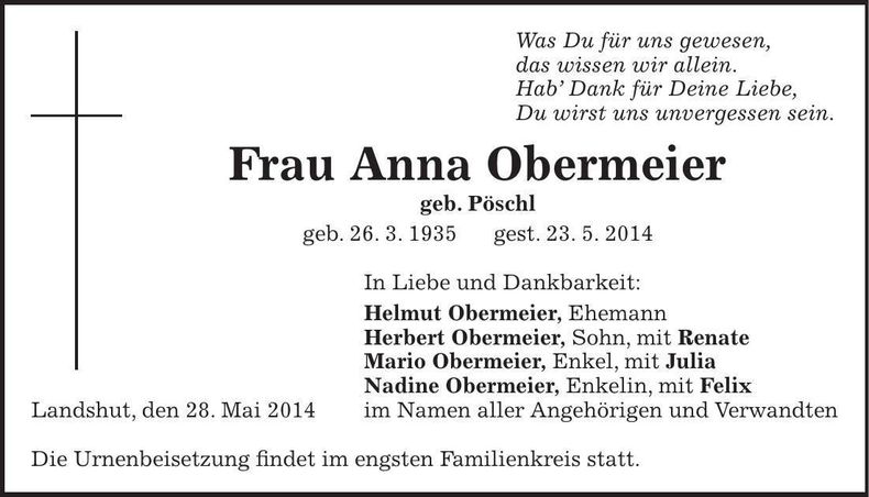 Traueranzeige Anna Obermeier